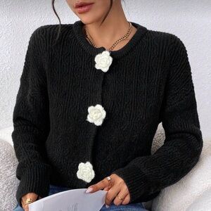 BRIGHT BLOOMS Textured Black Snap Button Knitted Flowers Cardigan XS SMALL